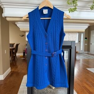 Vintage Retro Blue Cable Knit Belted Sweater Vest Wool Royal Blue